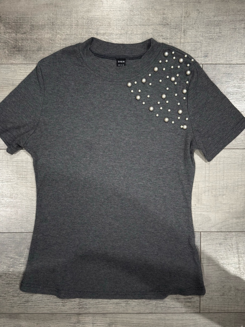 SHEIN Women’s Large Charcoal Gray Faux Pearl Embellished Short Sleeve Top